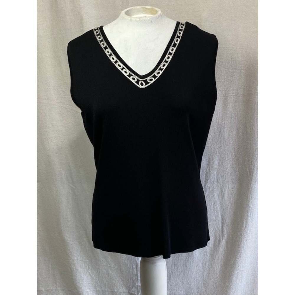 Onque Classics Womens Sleeveless Knit Top XL Black White Trim‎ V Neck